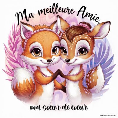 Illustration colorée de deux animaux mignons : un renard et une biche, portant des couronnes de fleurs, avec le texte Ma meilleure amie, ma sœur de cœur.
