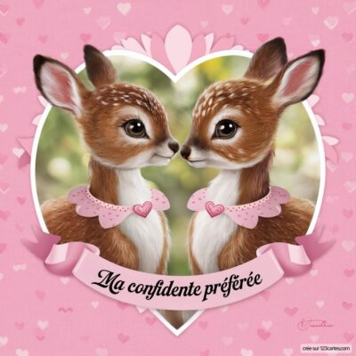Carte virtuelle avec deux faons mignons face à face, ornés de colliers roses, sur fond rose et écriture Ma confidente préférée.