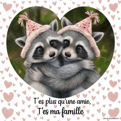 Deux ratons laveurs mignons, portant des chapeaux de fête, s'enlacent au centre d'un cœur. Texte : T'es plus qu'une amie, T'es ma famille.