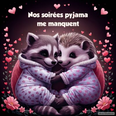 Deux animaux mignons, un raton laveur et un hérisson, se câlinent en pyjama avec des cœurs roses et des fleurs. Texte : Nos soirées pyjama me manquent.