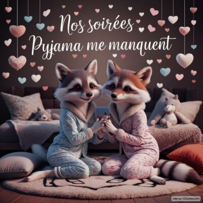 Deux ratons laveurs en pyjama assis sur un tapis, regardant avec tendresse, entourés de cœurs et de peluches. Texte au-dessus : Nos soirées pyjama me manquent.