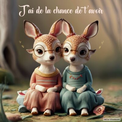 Deux petits faons avec des lunettes, vêtus de robes colorées, assis ensemble dans un décor naturel. Texte : J'ai de la chance de t'avoir.