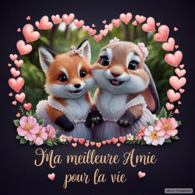 Deux animaux mignons, un renard et un lapin, sourient joyeusement entourés de cœurs et de fleurs avec le texte Ma meilleure Amie pour la vie.