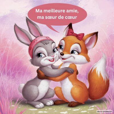 Deux animaux, un lapin et un renard, s'enlacent avec tendresse, sur fond de paysage rose. Texte : Ma meilleure amie, ma sœur de cœur.