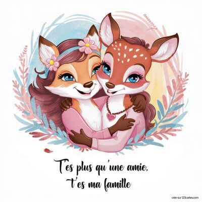 Deux animaux anthropomorphes souriants, un renard et une faon, s'étreignent tendrement avec un message affectueux en bas.