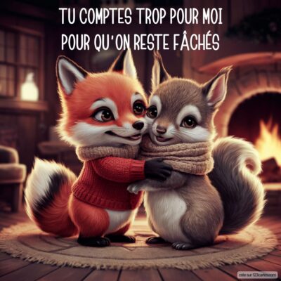 Deux petits animaux, un renard et un écureuil, s'enlacent avec une cheminée en arrière-plan. Texte : Tu comptes trop pour moi...
