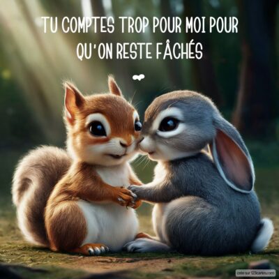 Deux animaux mignons, un écureuil et un lapin, se tiennent par les pattes dans une forêt, avec un message sur l'amitié.
