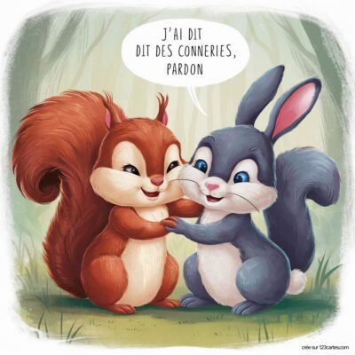 Deux animaux mignons, un écureuil roux et un lapin gris, se sourient et se réconcilient. Texte : J'ai dit des conneries, pardon.