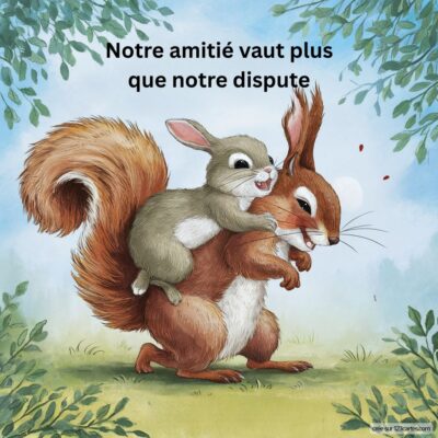 Deux animaux mignons, un écureuil et un lapin, se réconcilient avec le message : Notre amitié vaut plus que notre dispute.