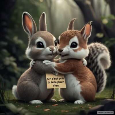 Deux petits lapins s'enlacent tendrement dans une forêt, tenant une pancarte On s'est pris la tête pour rien.