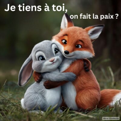 Image de deux animaux mignons : un lapin gris et un renard orange s'enlacent, avec le texte « Je tiens à toi, on fait la paix ? » en haut.