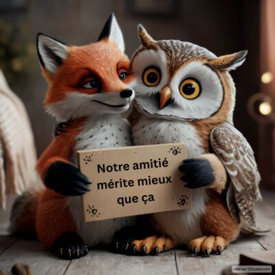 Une renard et une chouette se tiennent enlacés, tenant une pancarte qui dit : Notre amitié mérite mieux que ça.