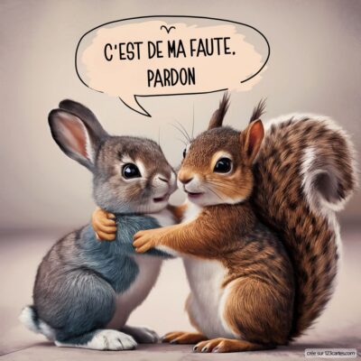 Deux animaux mignons, un lapin et un écureuil, s'enlacent avec un texte disant C'est de ma faute. Pardon. sur fond neutre.