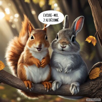 Un écureuil et un lapin sont assis sur une branche, souriants, avec un texte disant : Excuse-moi, j'ai déconné. Ambiance amicale.