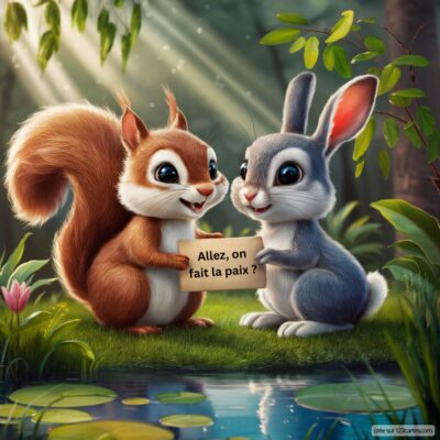Deux animaux mignons, un écureuil et un lapin, se regardent avec amitié devant un lac, tenant une pancarte : Allez, on fait la paix ?