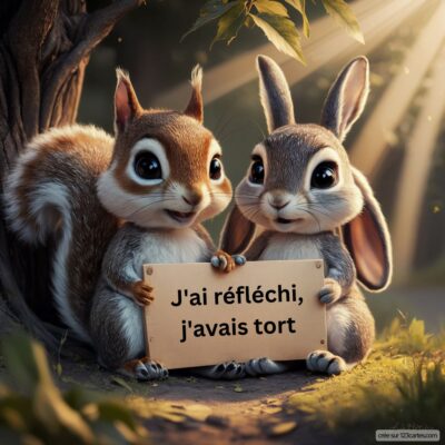 Deux adorables animaux, un écureuil et un lapin, tiennent un panneau avec l’inscription : J'ai réfléchi, j'avais tort.