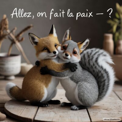 Image de deux animaux en peluche, un renard et un écureuil, s'enlaçant sur une table en bois, avec un message sur la réconciliation.