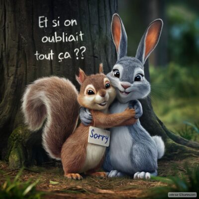 Image d'un écureuil et d'un lapin qui s'enlacent sous un arbre, avec le message Et si on oubliait tout ça ??. Un symbole de réconciliation.
