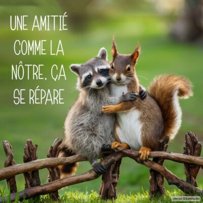 Deux animaux, un raton laveur et un écureuil, s'enlacent sur une petite clôture en bois. Texte : Une amitié comme la nôtre, ça se répare.