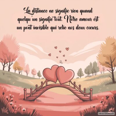 Deux grands cœurs sur un pont symbolisent l'amour à distance, entourés d'arbres et de petits cœurs flottants dans l'air.