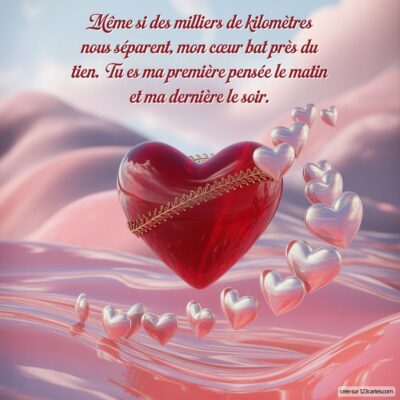 Un grand cœur rouge sur un fond doux, entouré de petits cœurs flottants. Texte romantique évoquant l'amour à distance.