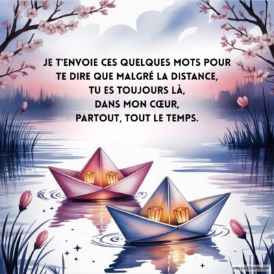 Deux bateaux en papier, un rose et un bleu, flottent sur un lac tranquille, avec un poème d'amour à distance au-dessus.