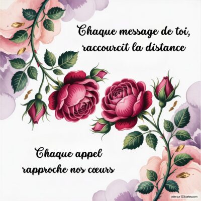 Deux roses entourées de feuillage, avec un message sur l'amour à distance : Chaque message de toi rapproche nos coeurs.