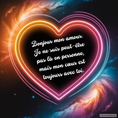 Un cœur lumineux entouré d'étoiles, avec le message : Bonjour mon amour. Mon cœur est toujours avec toi.