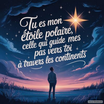 Un paysage nocturne avec une personne regardant une étoile brillante, accompagnée d'une déclaration d'amour à distance.