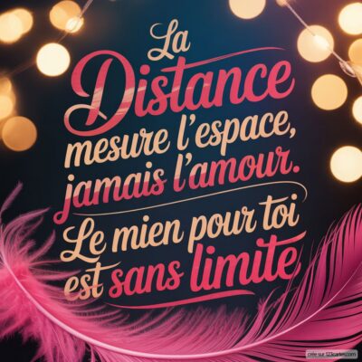 Texte en gros caractères affichant une citation sur l'amour à distance, avec des décorations lumineuses et une plume rose.