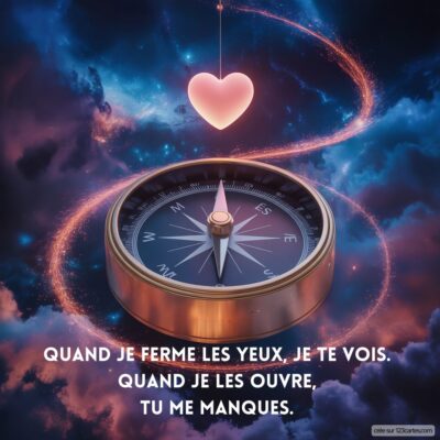 Un compas avec une flèche pointant vers le nord, entouré de nuages et d'un cœur flottant, accompagné d'un texte romantique.