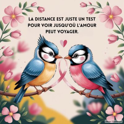 Deux petits oiseaux se regardent avec tendresse, entourés de fleurs, accompagnés d'un message sur l'amour à distance