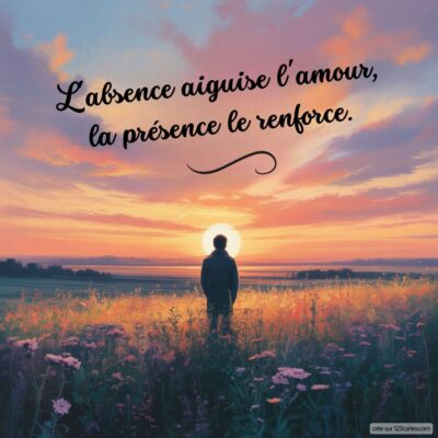 Un ciel au crépuscule avec une silhouette contemplant l’horizon, accompagnée d’une citation sur l'amour à distance.