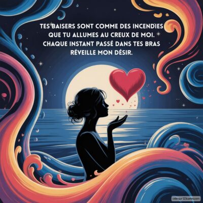 Silhouette d'une femme contemplative, cœur rouge au centre, entourée de motifs fluides. Citations sur l'amour à distance.