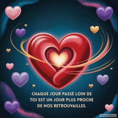 Un grand cœur entouré de cœurs plus petits, avec le message : Chaque jour passé loin de toi est un jour plus proche de nos retrouvailles.