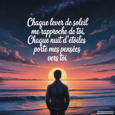 Un homme se tient dos à la mer, contemplant un lever de soleil. Des mots d'amour surplombent la scène romantique.