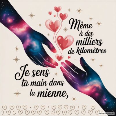 Deux mains se tendent l'une vers l'autre, entourées de cœurs et d'étoiles, avec un texte évoquant l'amour à distance.