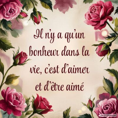 Carte virtuelle ornée de roses, portant la citation : Il n'y a qu'un bonheur dans la vie, c'est d'aimer et d'être aimé.