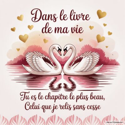 Image représentant deux cygnes sur un lac, entourés de cœurs. Citation d'amour : Dans le livre de ma vie, tu es le chapitre le plus beau.