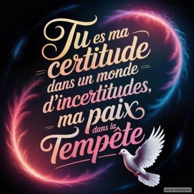 Citation d'amour exprimant des sentiments profonds : Tu es ma certitude dans un monde d'incertitudes, ma paix dans la tempête. Un symbole de paix, une colombe, accompagne le texte.
