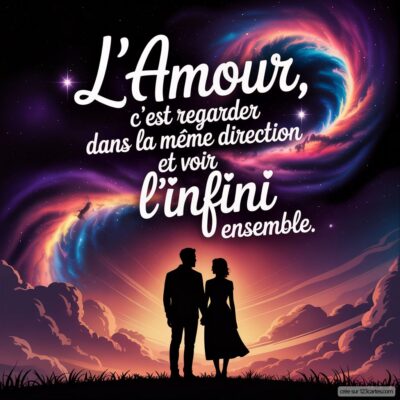 Deux silhouettes se tiennent main dans la main devant un ciel étoilé, avec la citation sur l'amour au-dessus d'elles.