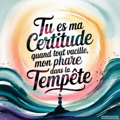 Citation d'amour sur fond de vagues et phare : Tu es ma certitude quand tout vacille, mon phare dans la tempête.