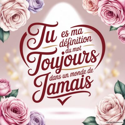 Citation d'amour au centre, entourée de roses : Tu es ma définition du mot Toujours dans un monde de Jamais.