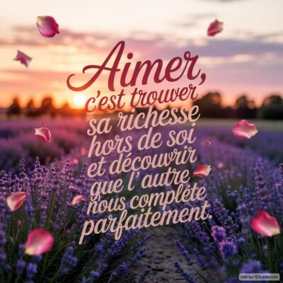 Un champ de lavande au crépuscule, avec une citation d'amour évoquant la richesse des relations et la découverte de soi.