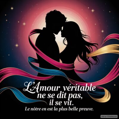 Silhouette d'un couple s'embrassant, entourée de rubans flottants. Citation : L'Amour véritable ne se dit pas, il se vit.