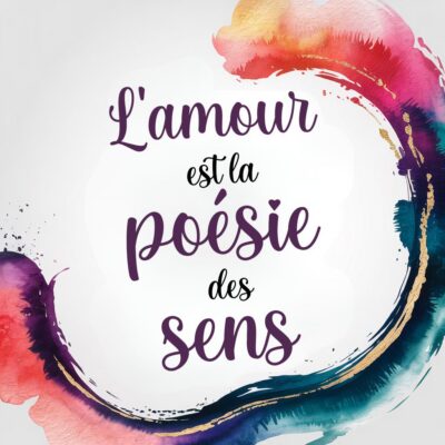 Texte évoquant l'amour : L’amour est la poésie des sens entouré de motifs fluides et dynamiques dans des teintes vibrantes.