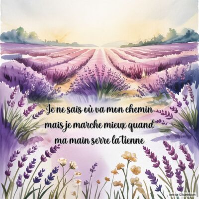 Un champ de lavande sous un ciel clair avec la citation : Je ne sais où va mon chemin, mais je marche mieux quand ma main serre la tienne.