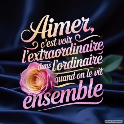 Texte en rose et blanc sur un fond sombre avec une rose délicate à côté. Citation sur l'amour et la beauté des moments partagés.