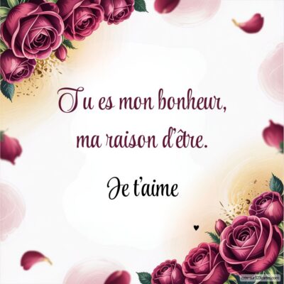 Citation d'amour entourée de roses : Tu es mon bonheur, ma raison d'être. Je t'aime. Un message touchant pour exprimer ses sentiments.