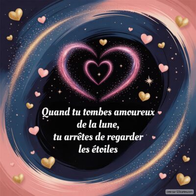 Un fond galactique avec des cœurs et des étoiles, accompagné de la citation : Quand tu tombes amoureux de la lune, tu arrêtes de regarder les étoiles.